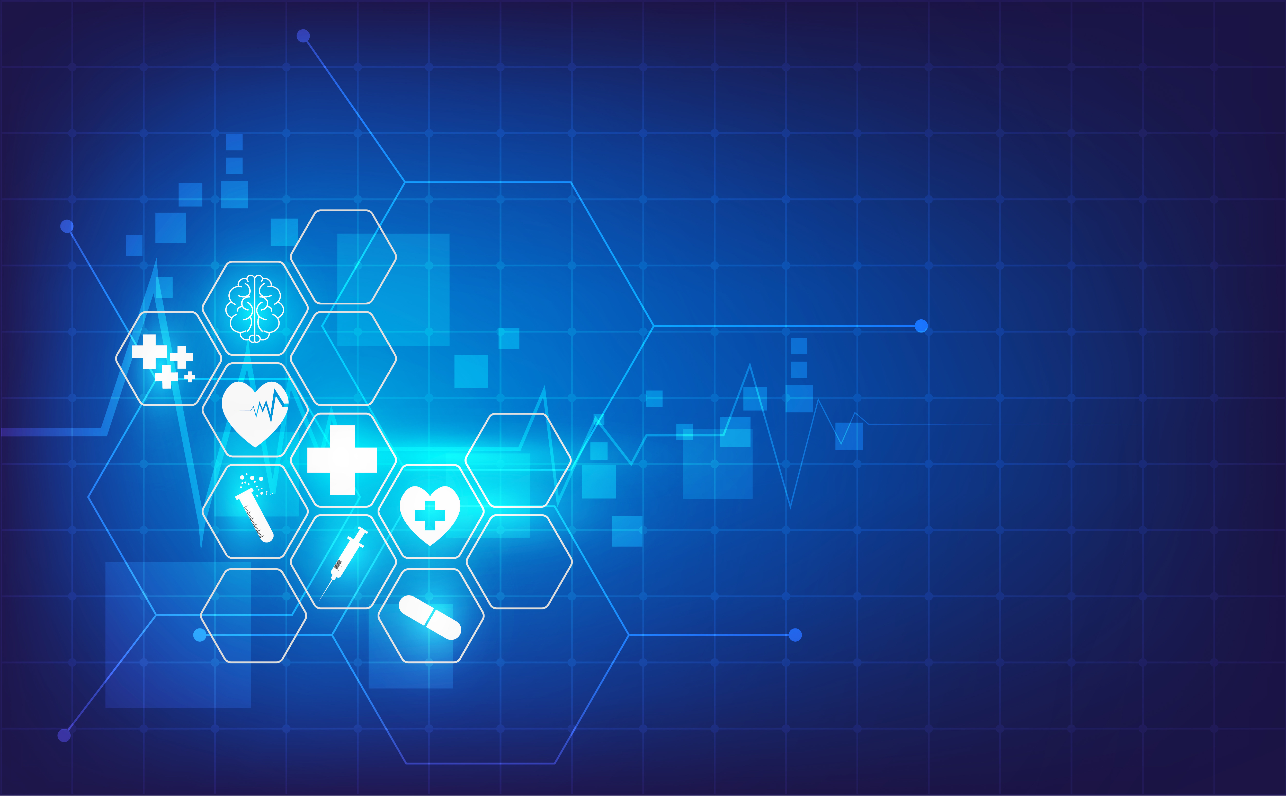 An array of icons against a blue background, all denoting aspects of medicine.