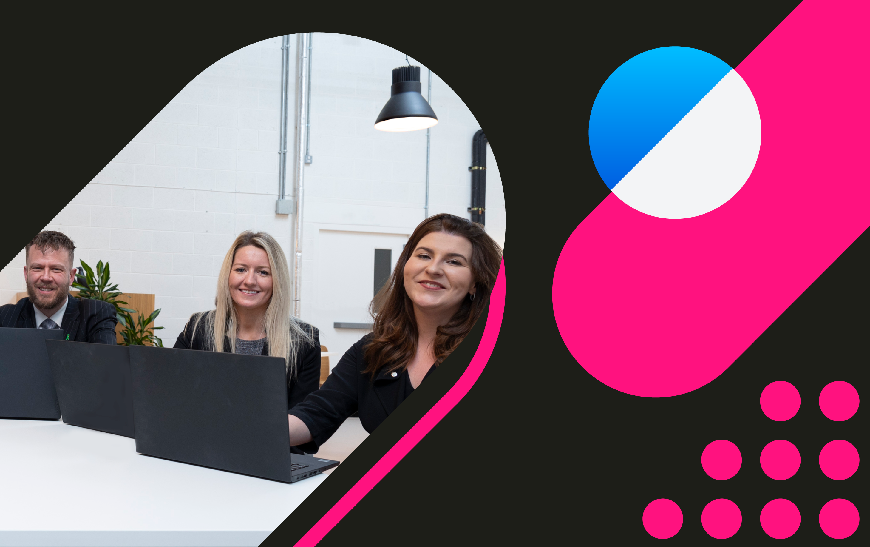 InnoScot Health 'expertise' carousel image, featuring some of our members of staff and our hot pink brand colour. (Updated)