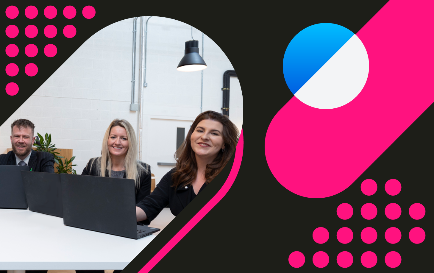 InnoScot Health 'expertise' carousel image, featuring some of our members of staff and our hot pink brand colour.
