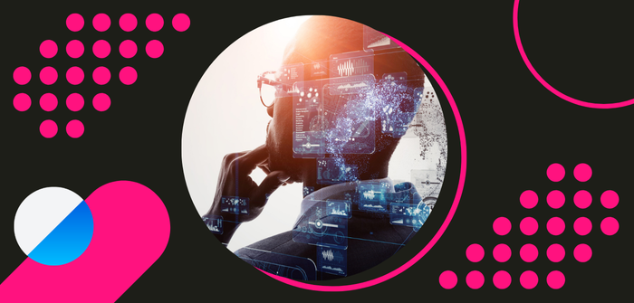 A man in a suit looking away from the camera, his hand on his chin to denote 'thinking', with abstract information icons superimposed behind his head inside a pink, white and blue 'case studies' framing device.