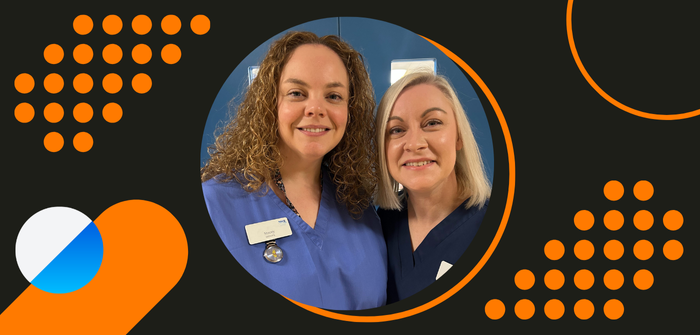 Stacey and Marianne, midwife inventors of the Cozy Cuddle Scrubs, pictured in their NHS Scotland work uniforms inside an orange, white and blue 'case studies' framing device.