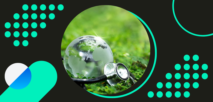 A glass globe nesting on green grass, with a stethoscope wrapped around it inside a green, white and blue 'case studies' framing device..