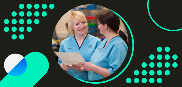 Two NHS staff speaking to one another in a hospital setting, in a frame surrounded by green, blue and white InnoScot Health graphics.