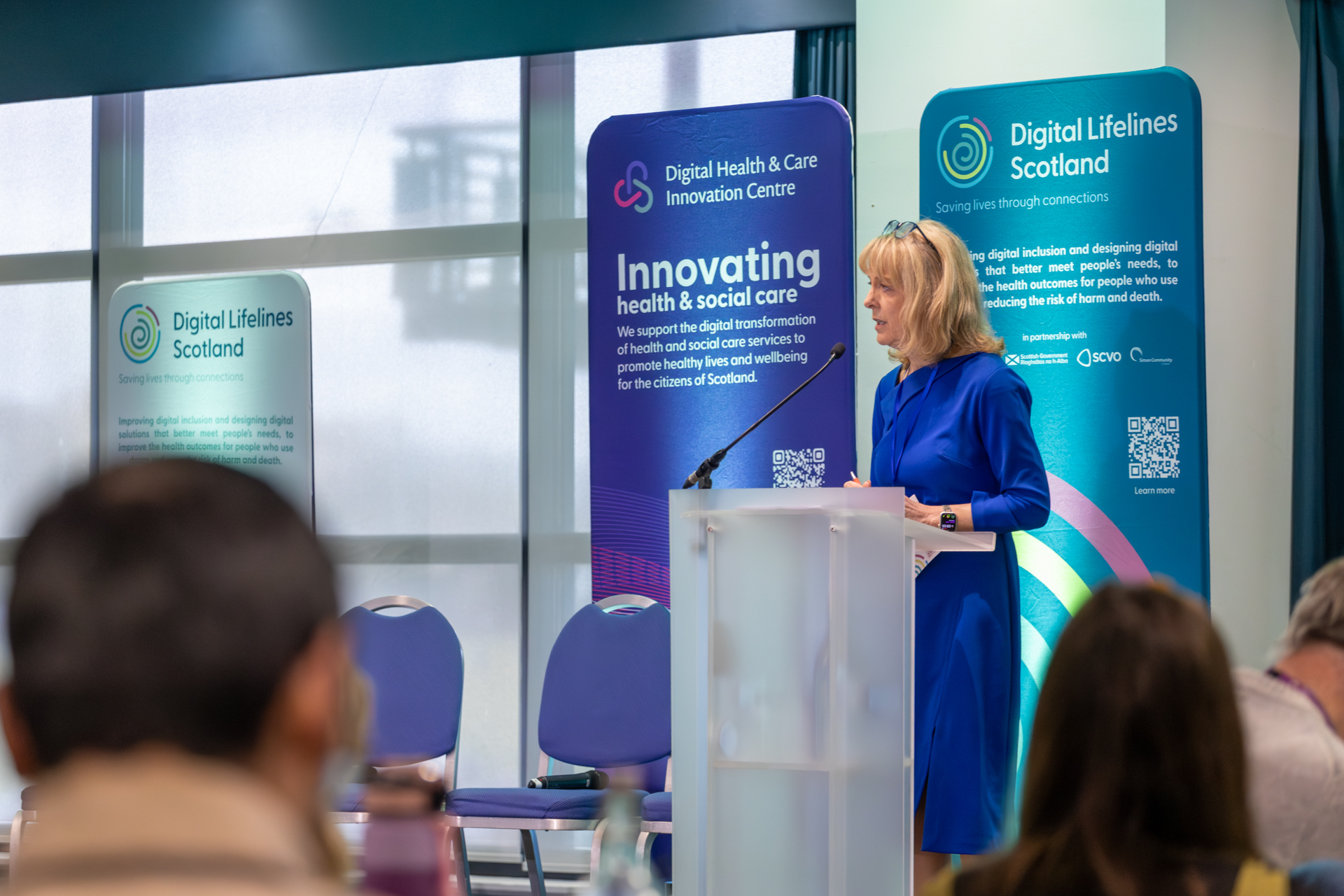 A previous year's Digital Lifelines Conference, a picture of a speaker talking from a lectern,