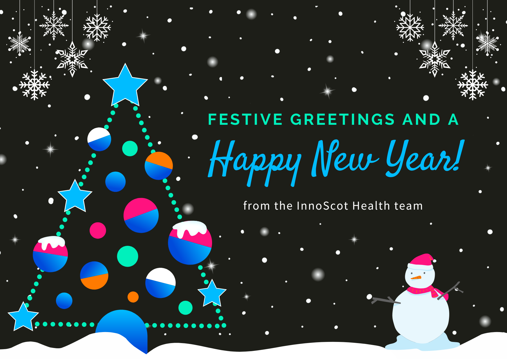 A festive message from InnoScot Health wishing people a happy new year, with a snowman and Christmas tree pictured.