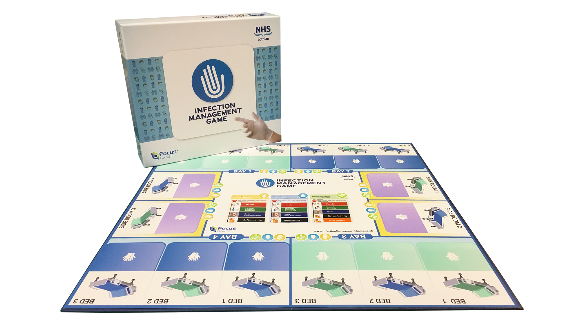 A stylised frontal look at the Infection Management Game board and box.