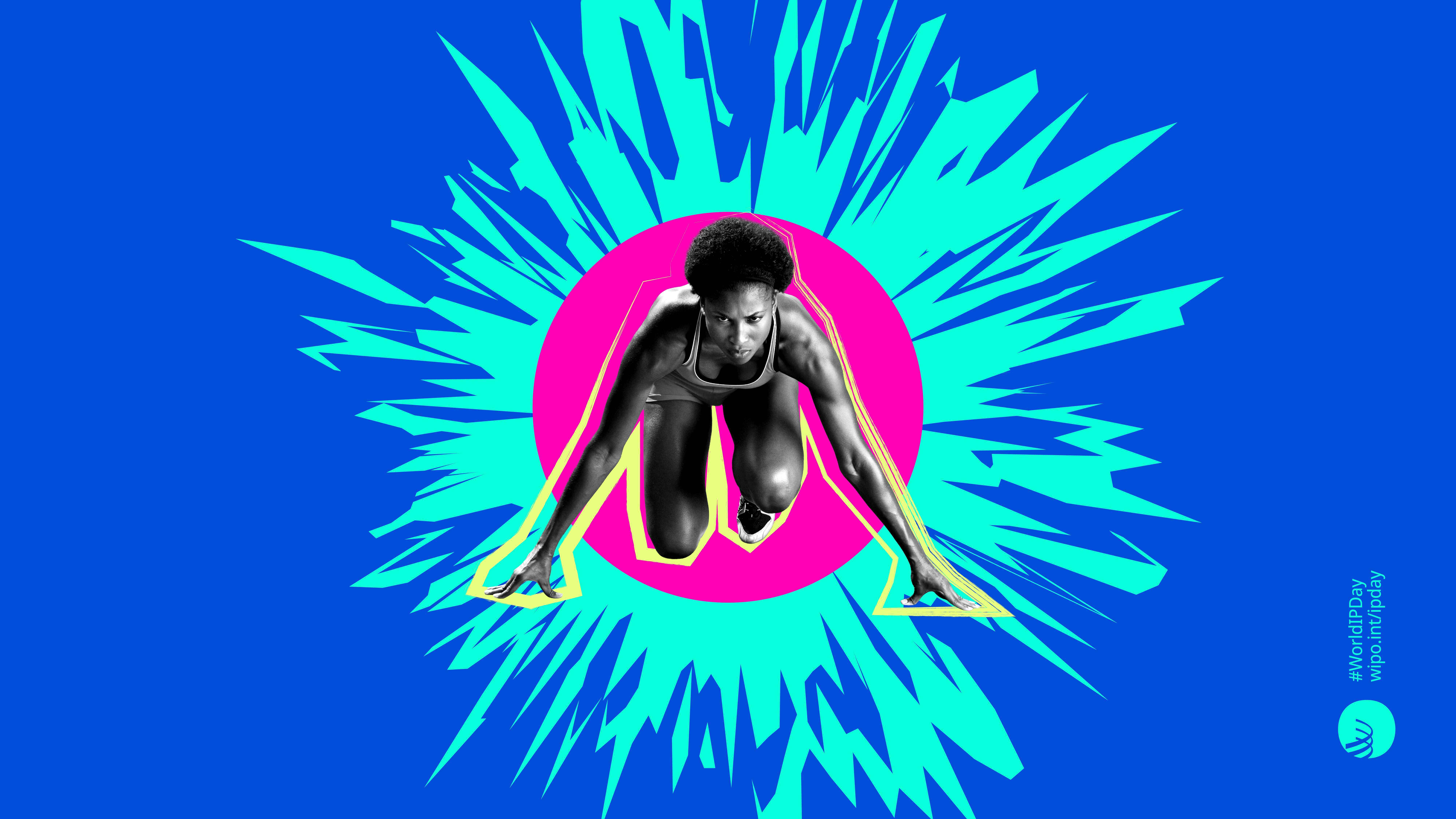 A woman pictured at the starting line of a race, with a pink circular background and electric blue sunburst effect around her.
