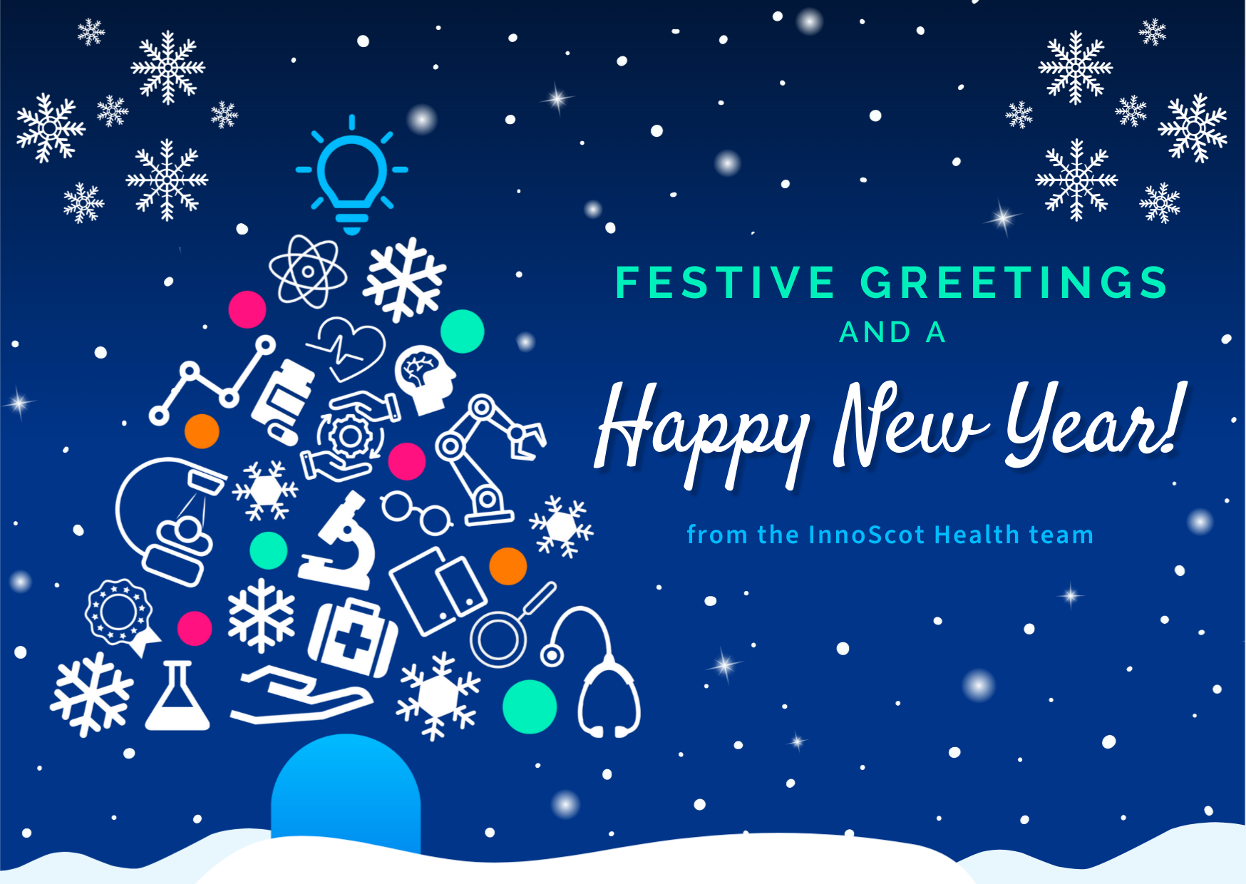 InnoScot Health 2025 festive graphic, wishing the reader festive greetings and a happy new year.