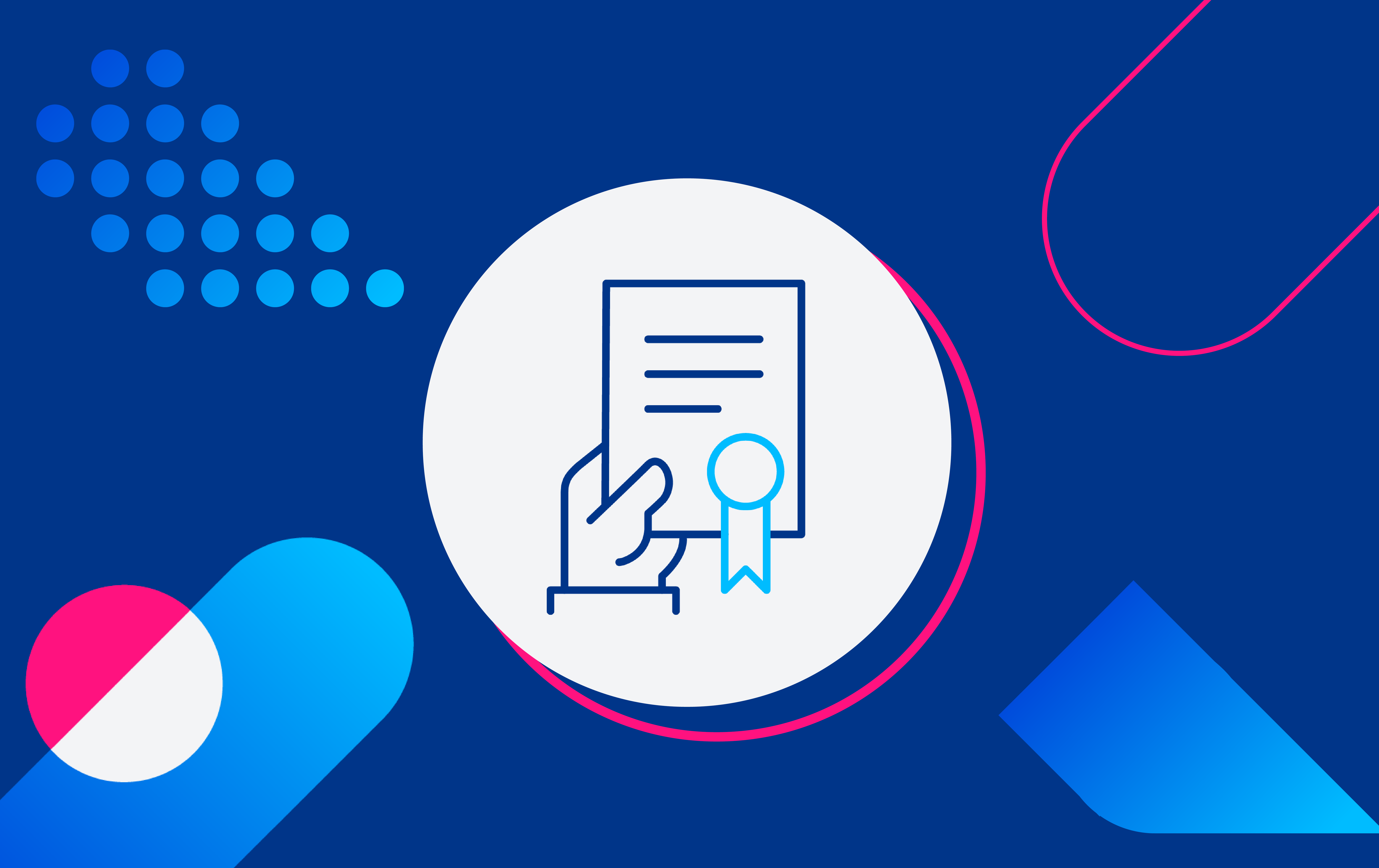 A hand holding a certified document in a white circle, with blue and pink InnoScot Health graphics surrounding it, representing quality management.