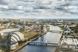 An aerial shot down the river Clyde in Glasgow.