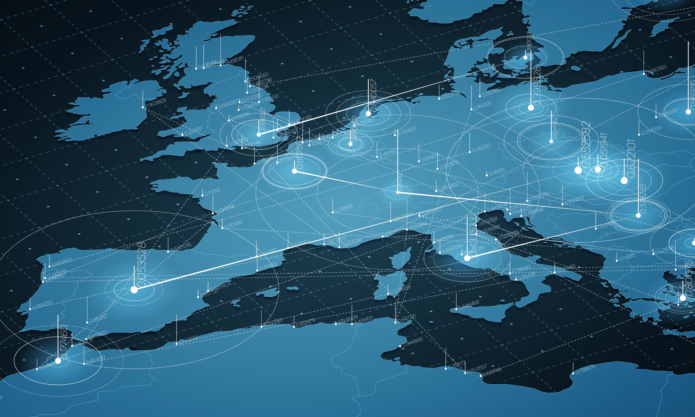 A big data visualisation map of Europe, with the European capitals highlighted by pins.